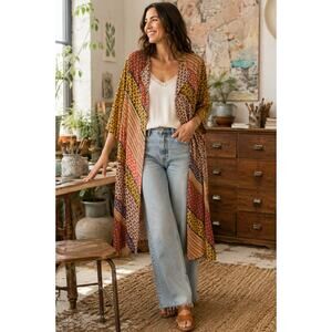 Cabi Poet Patchwork Duster Cardigan Boho Open Front Multicolor Large